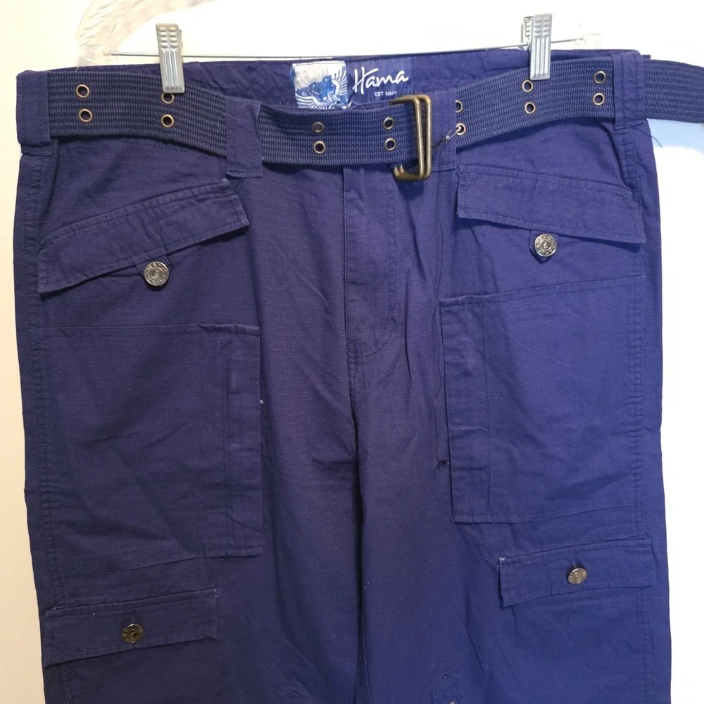 Vintage Hama Cargo Shorts Skater Baggy Combat Navy Blue Belted 36/17 NEW NWOT